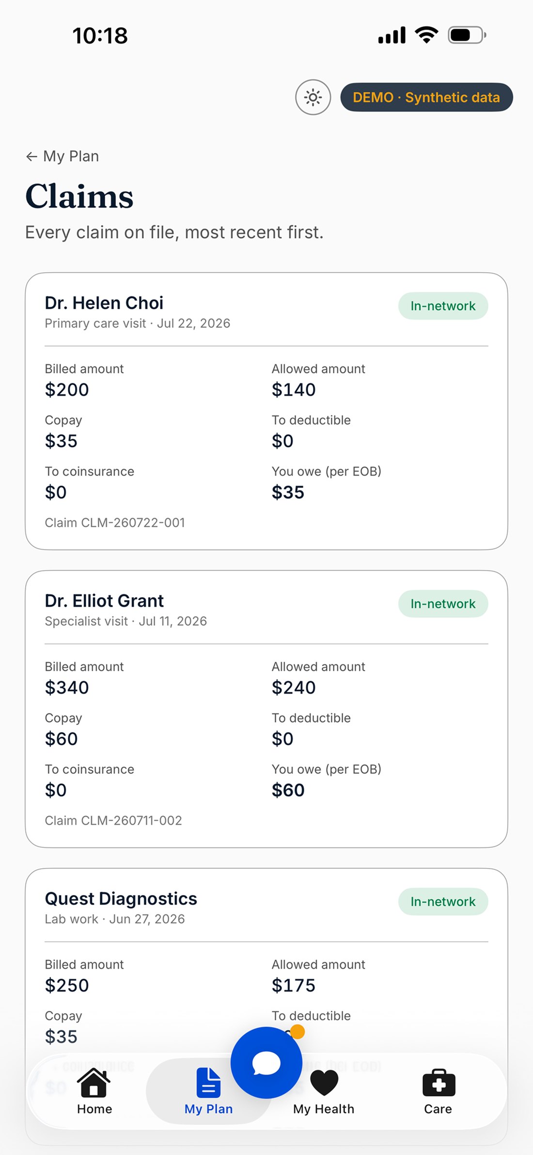 The Claims list: each claim showing the billed and allowed amounts, the copay, what went to deductible and coinsurance, what the member owes per EOB, and an in-network badge.