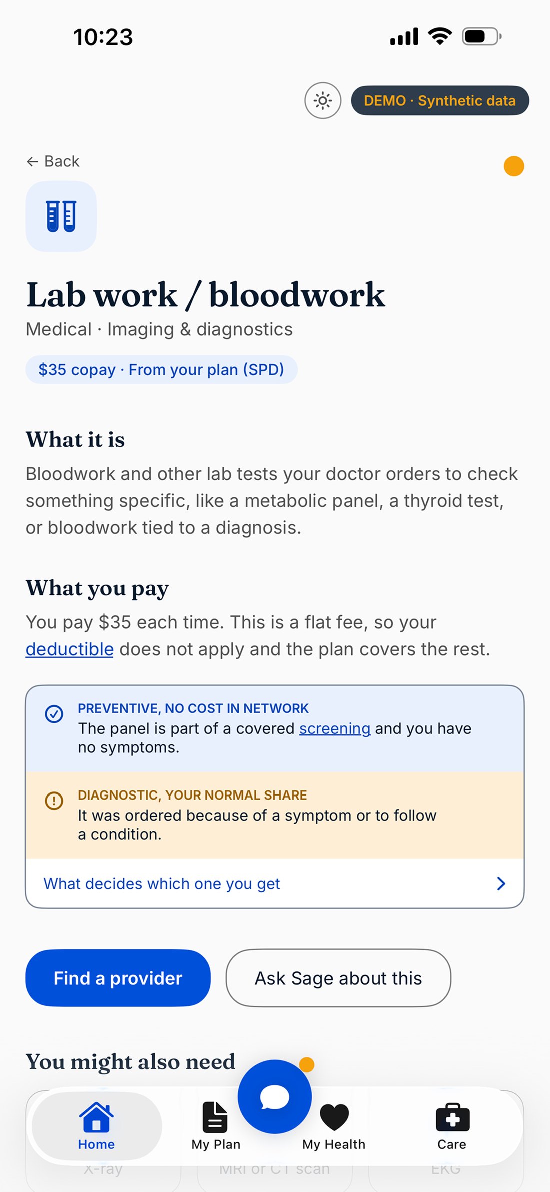 The Lab work benefit page: a $35 copay chip, what it is, what you pay, and a two-tone block separating preventive screening at no cost in network from diagnostic testing at your normal share.