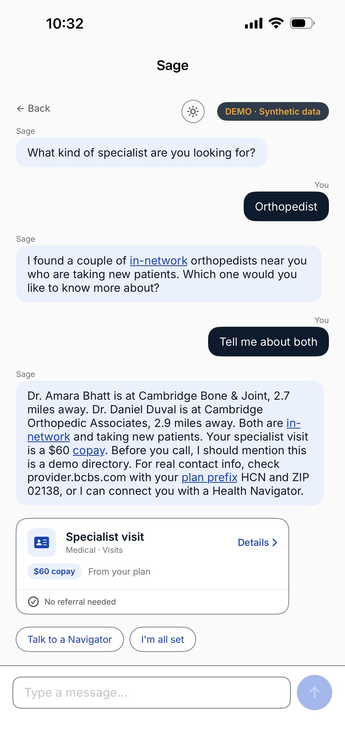 Sage listing two in-network orthopedists with their distances and the $60 specialist copay, then stating that this is a demo directory and offering to connect the member with a Health Navigator.