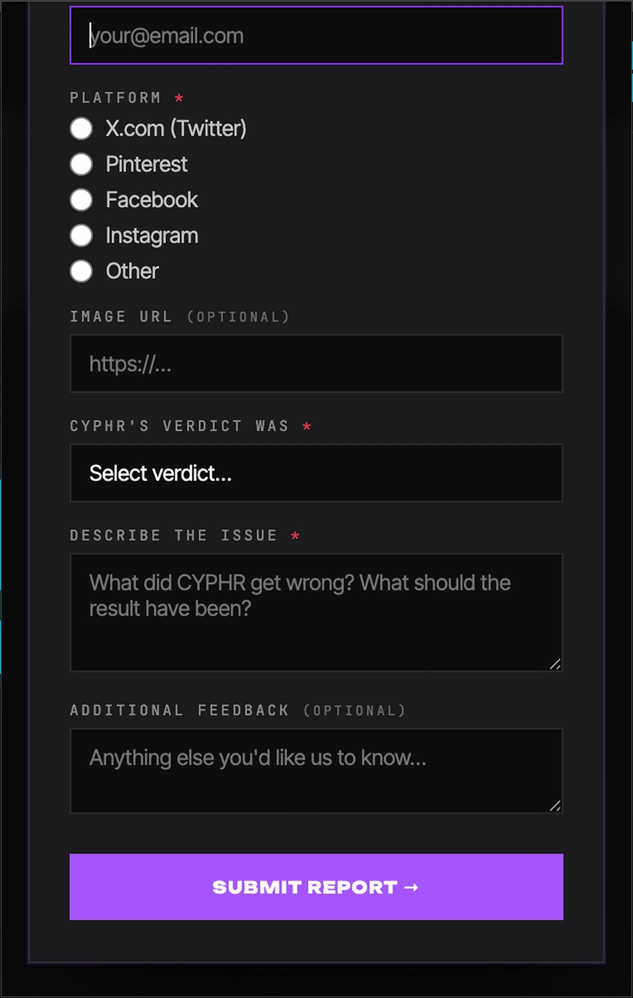 The rest of the report form: the verdict CYPHR returned, a required description of what it got wrong, optional extra feedback, and the submit button.