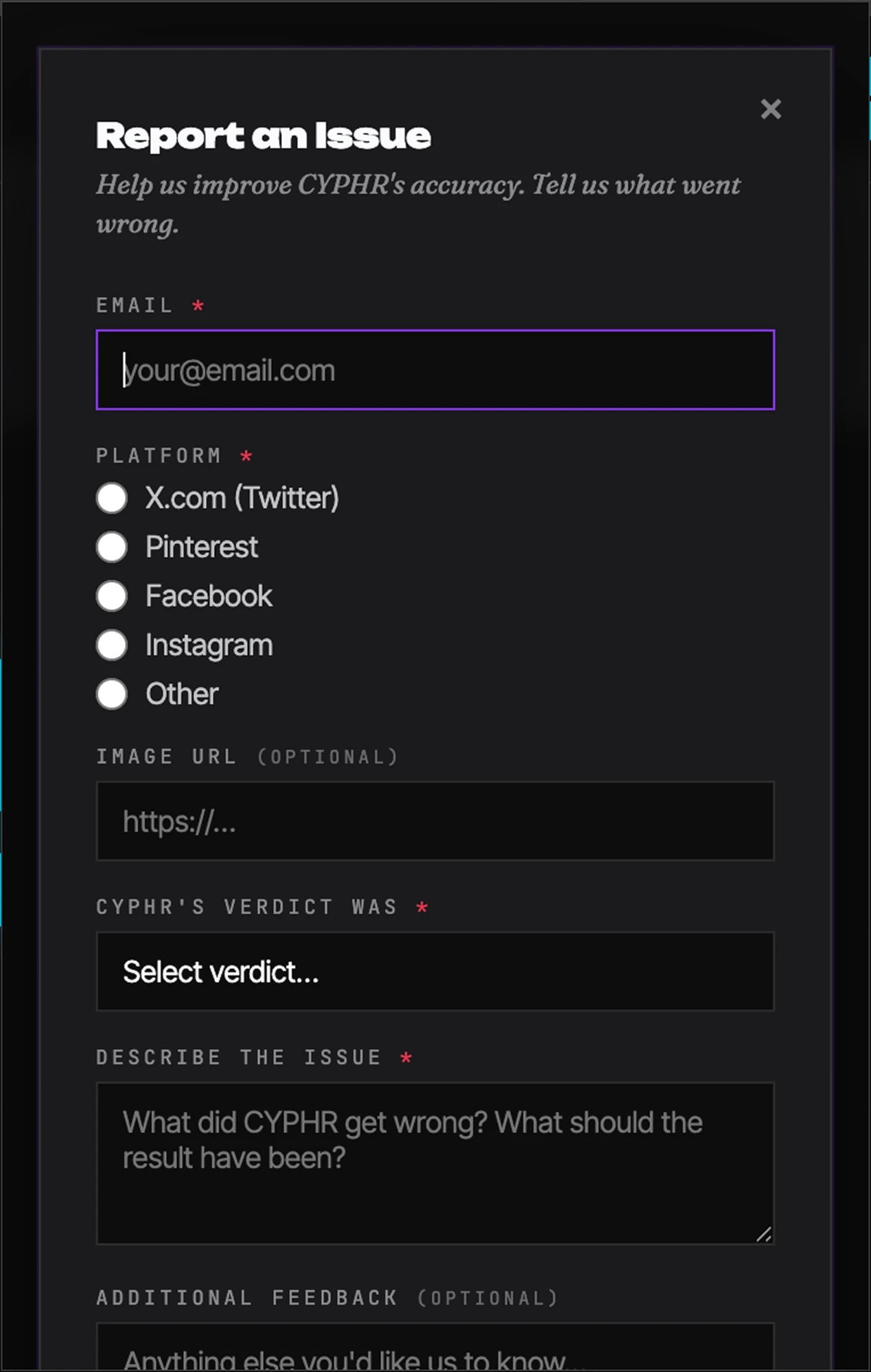 The Report an Issue modal: an email field, a platform choice between X, Pinterest, Facebook, Instagram and Other, and an optional image URL.