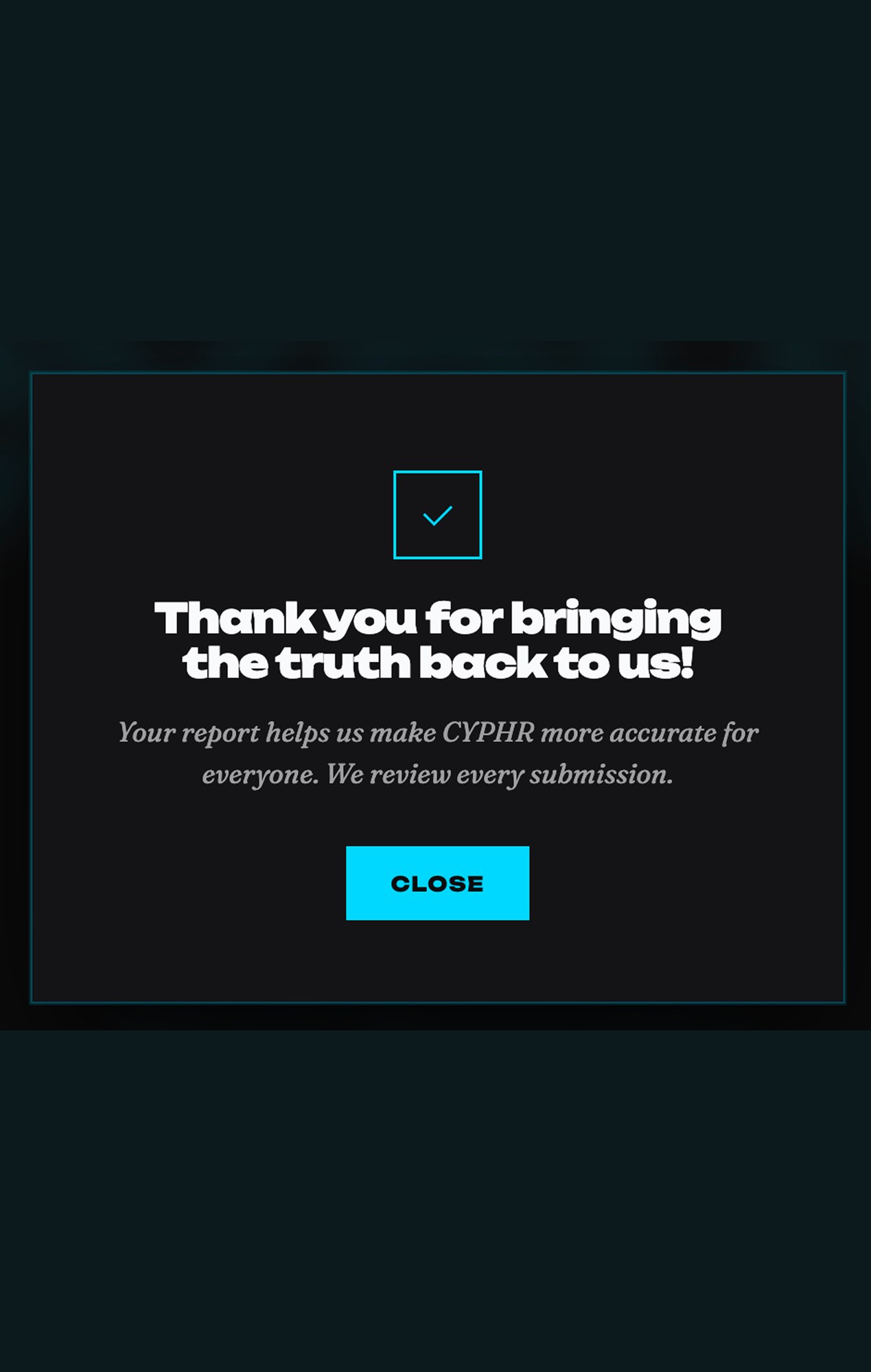 The confirmation state: a tick, the line thanking the reporter, and a note that every submission is reviewed.